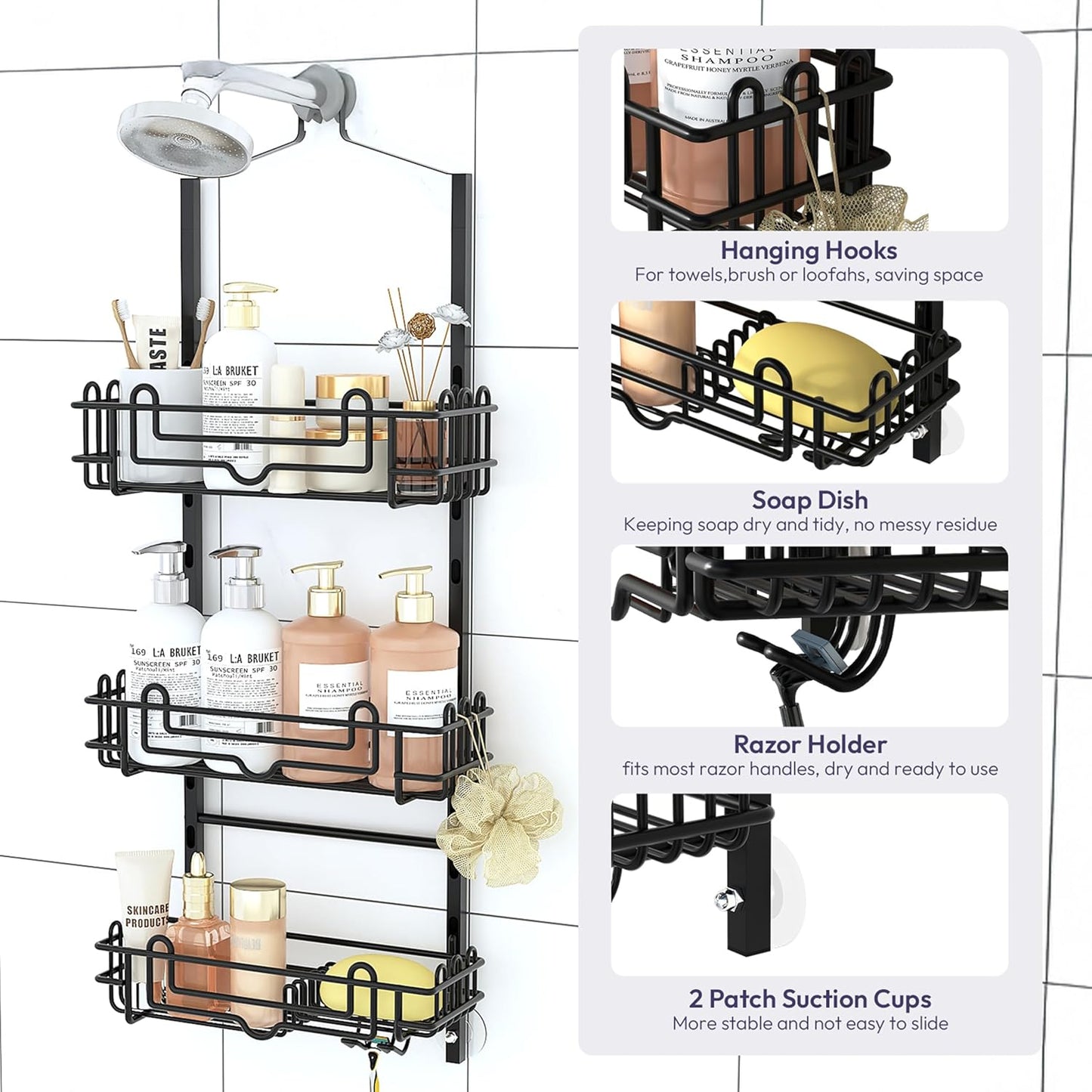 SWTYMIKI Shower Caddy - 3-Tier Rustproof Hanging Organizer with Adjustable Baskets & Hooks | Black Bathroom Storage Rack
