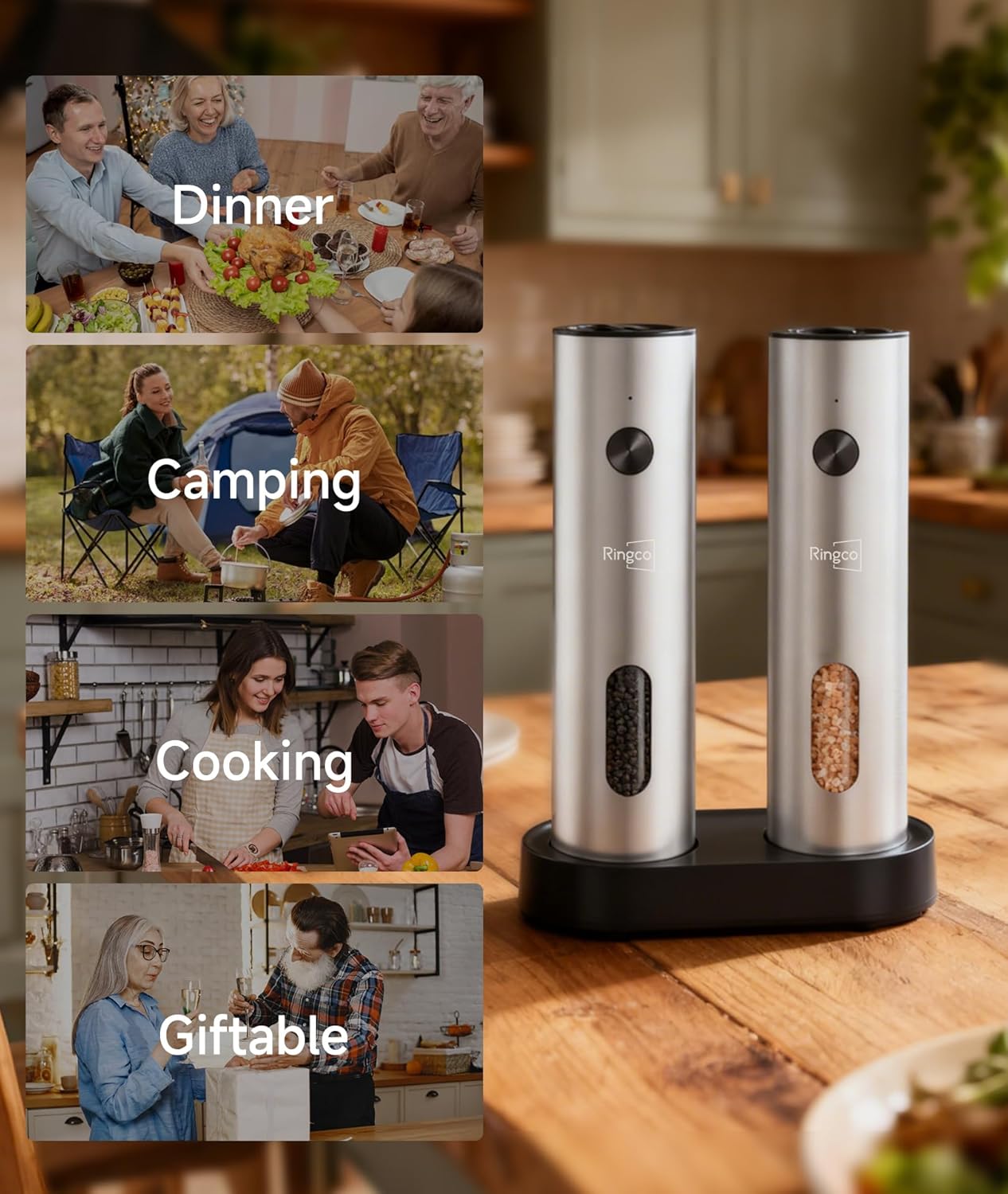 Ringco Electric Salt and Pepper Grinder Set - Rechargeable Mill with Adjustable Coarseness & LED Light | 110ml Capacity for Kitchen & Outdoor Use