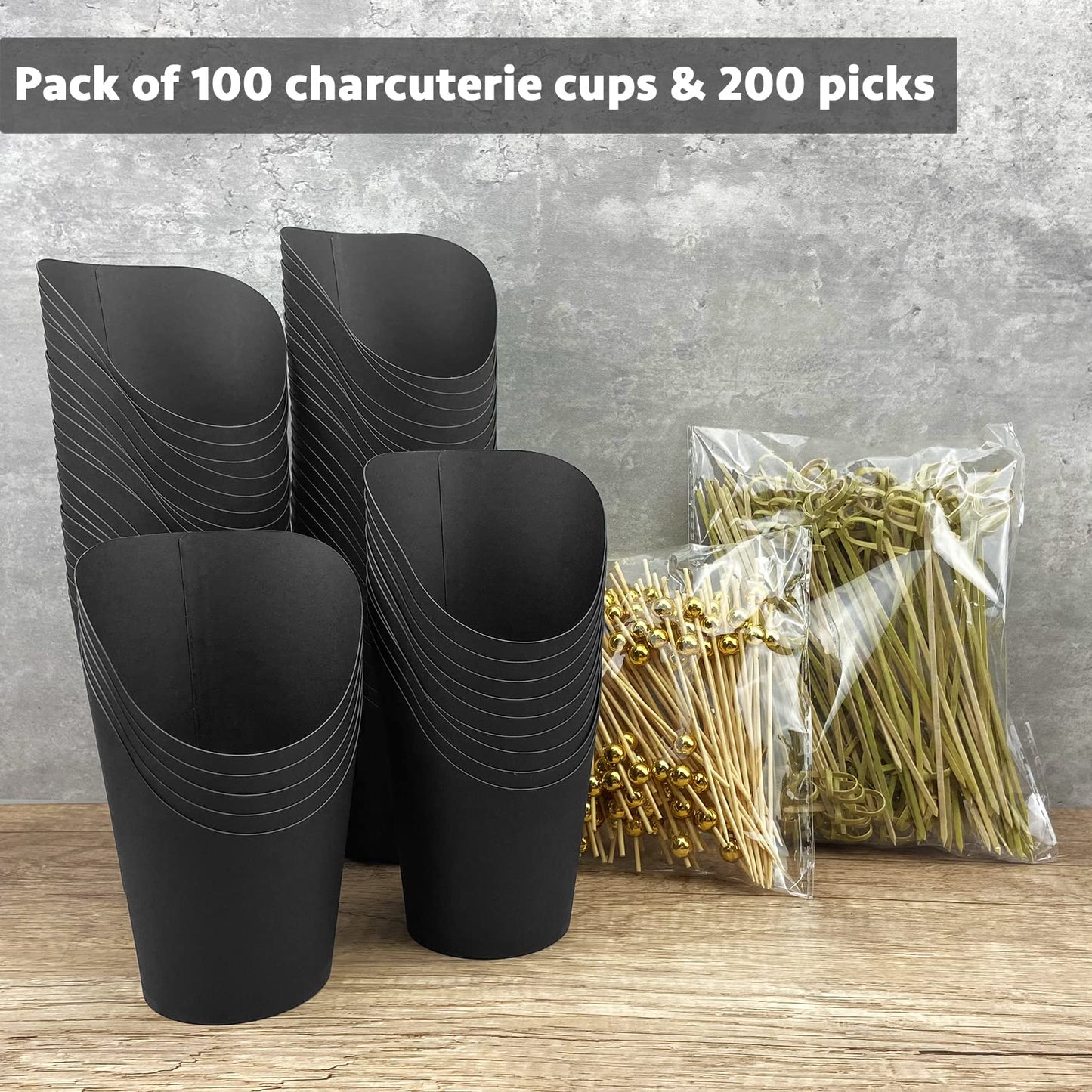 [100 Cups + 200 Picks] CAMKYDE 100 Pcs Charcuterie Cups with 200 Pcs Cocktail Picks (14oz, Black)