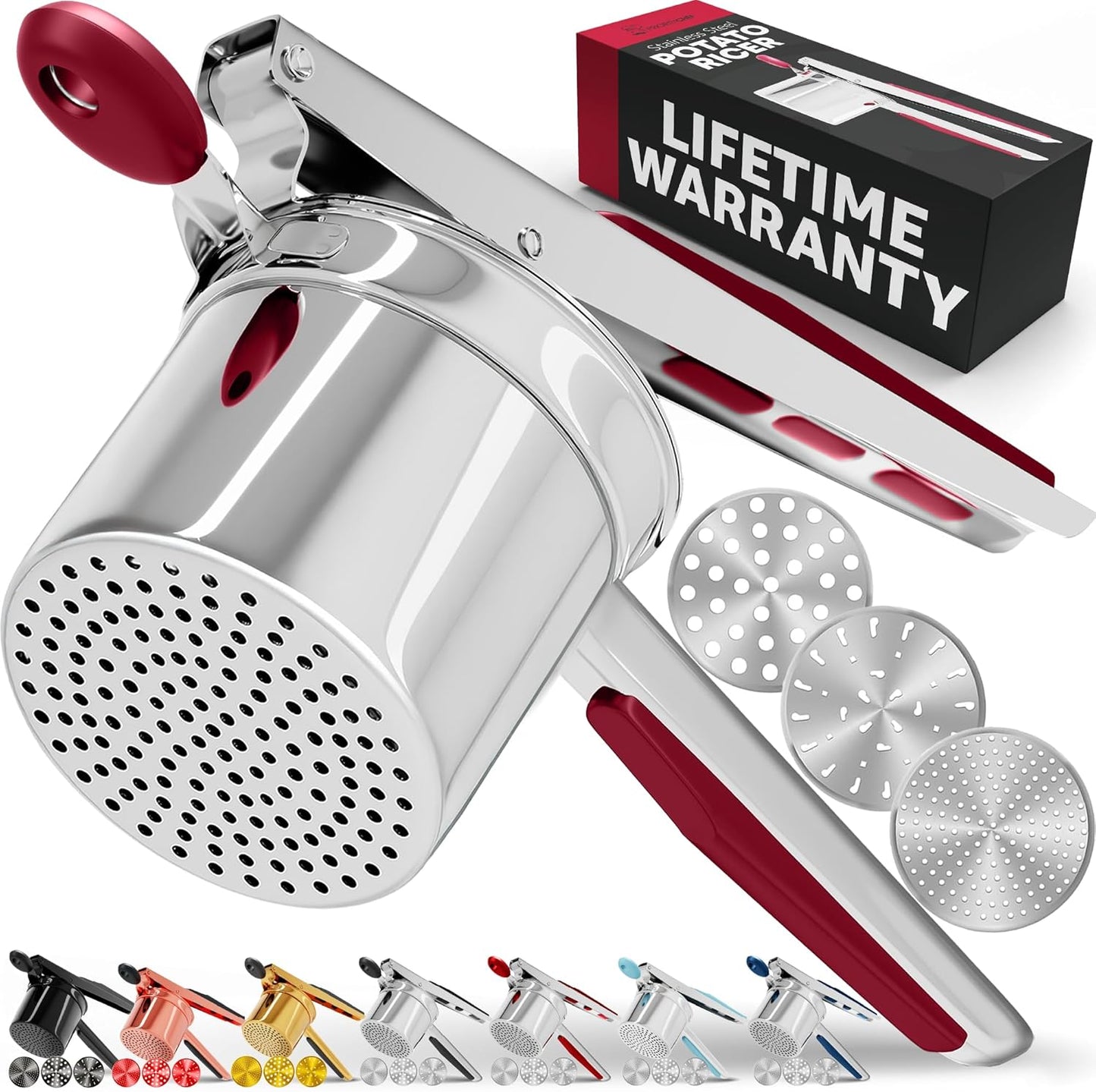 PriorityChef 15oz Potato Ricer - Heavy Duty Stainless Steel Kitchen Tool with 3 Discs | Perfect for Mashed Potatoes
