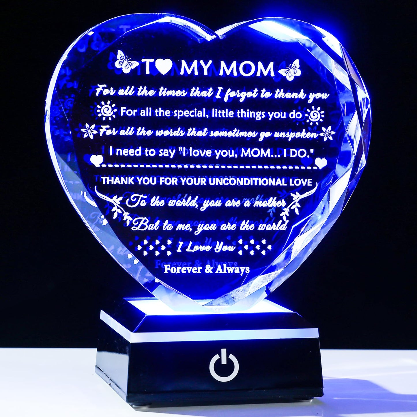 YWHL Gifts for Mom from Daughter Son, Birthday Gifts for Mom Who has Everything, To My Mom Gifts for Mother's Day Crystal Heart Keepsake with LED Base, Present for Mother on Christmas Valentine's Day
