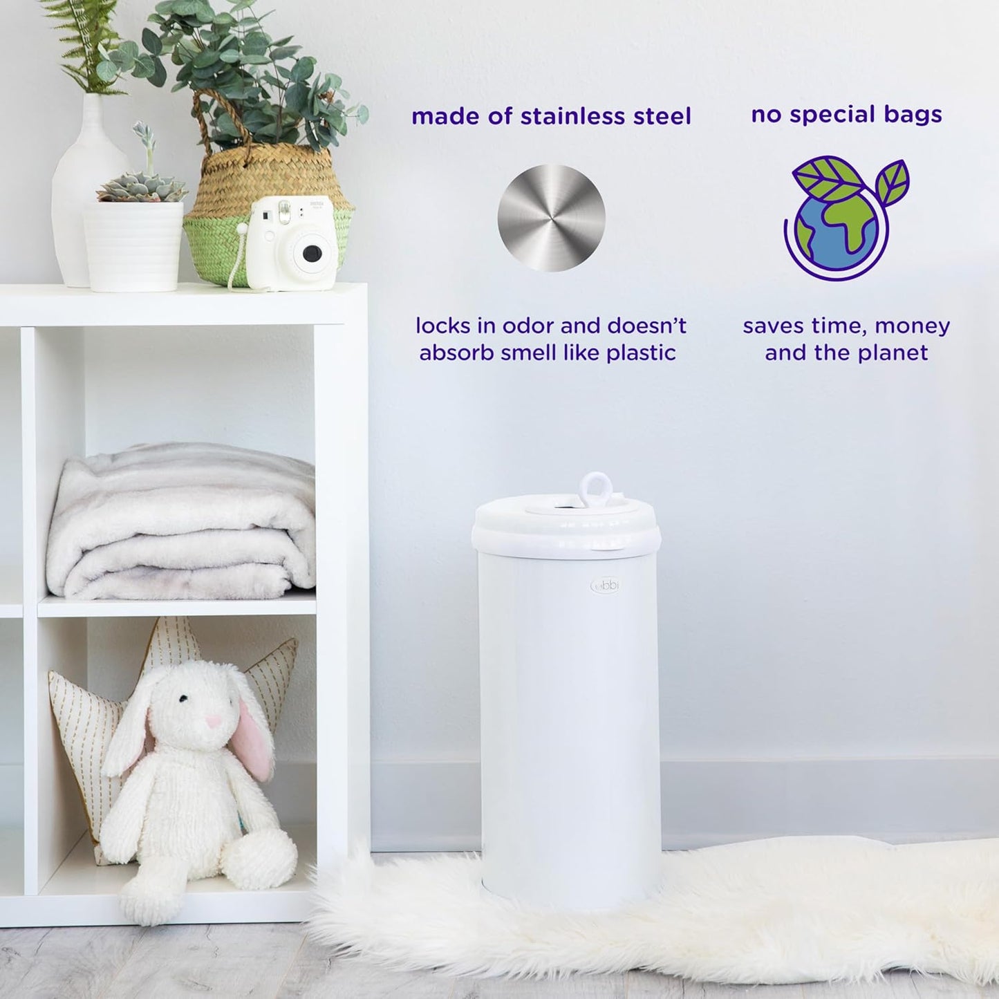 Ubbi Stainless Steel Diaper Pail - Odor Locking Design, No Special Bags Needed | Award-Winning Matte Ivory