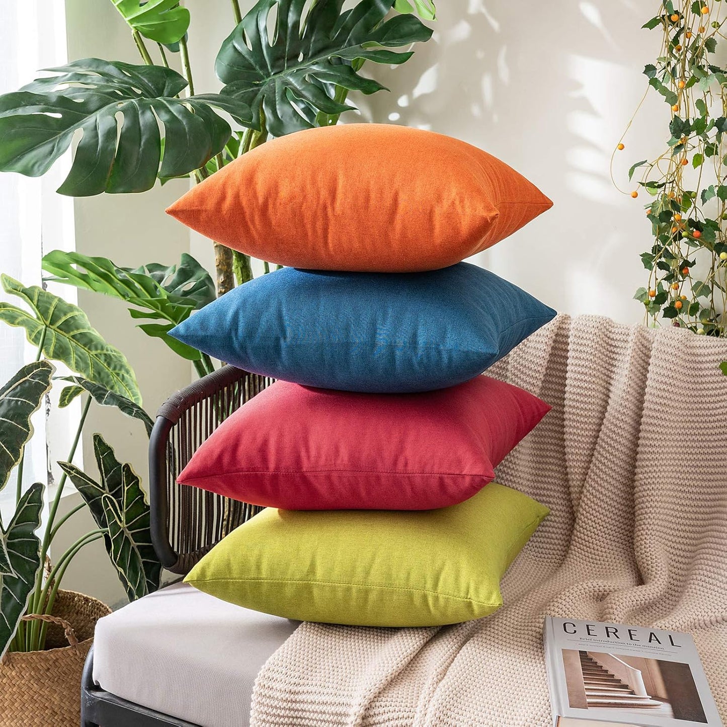 MIULEE Decorative Outdoor Throw Pillow Covers - Waterproof Faux Linen Cushion Cases | 16x16 Inch Green (Pack of 2)