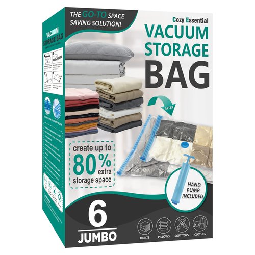 Cozy Essential Vacuum Storage Bags, 80% Compression Vacuum Seal Space Saver Plastic Packaging Bags for Clothes, Blankets, Pillow, Bedding, Comforters, Sealer Clothing Storage,6 Jumbo