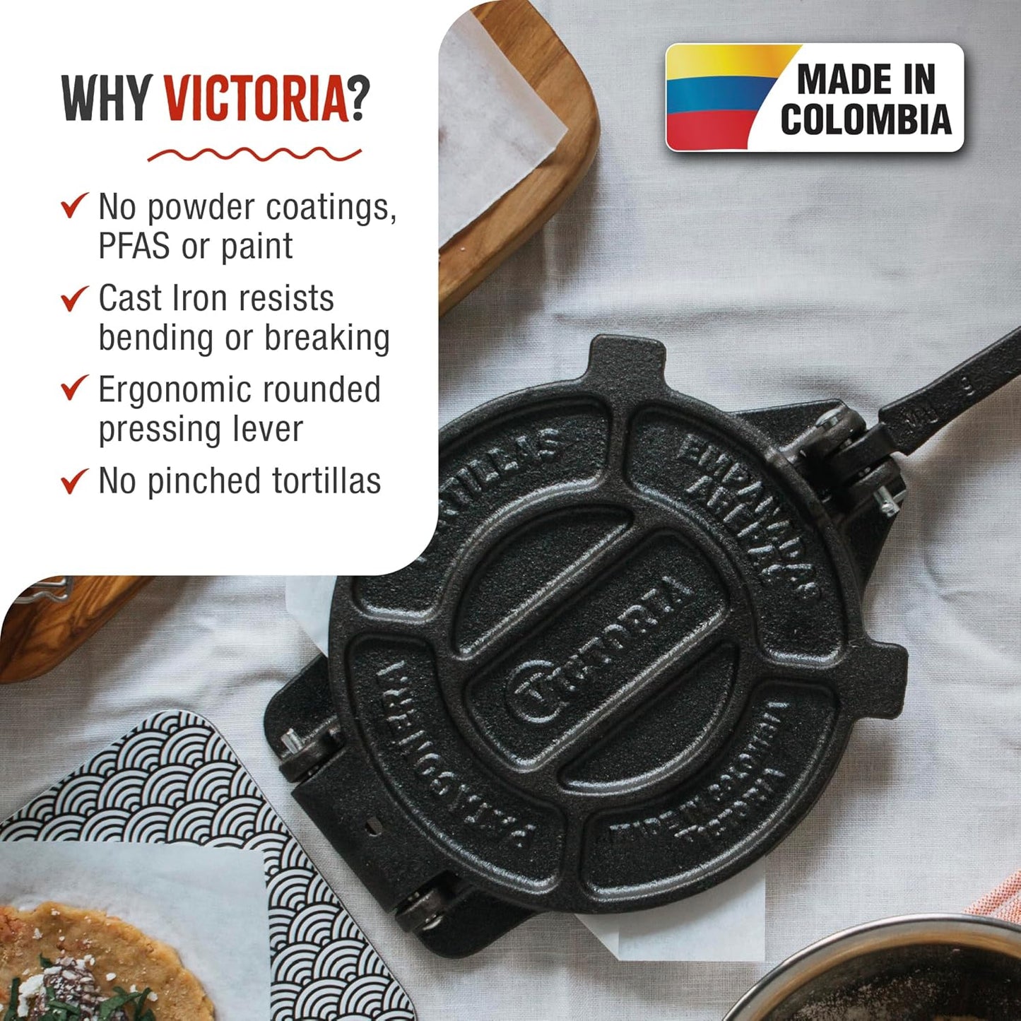 Victoria Cast Iron Tortilla Press - 8 Inch Roti Maker Seasoned with Flaxseed Oil | Traditional Black Finish