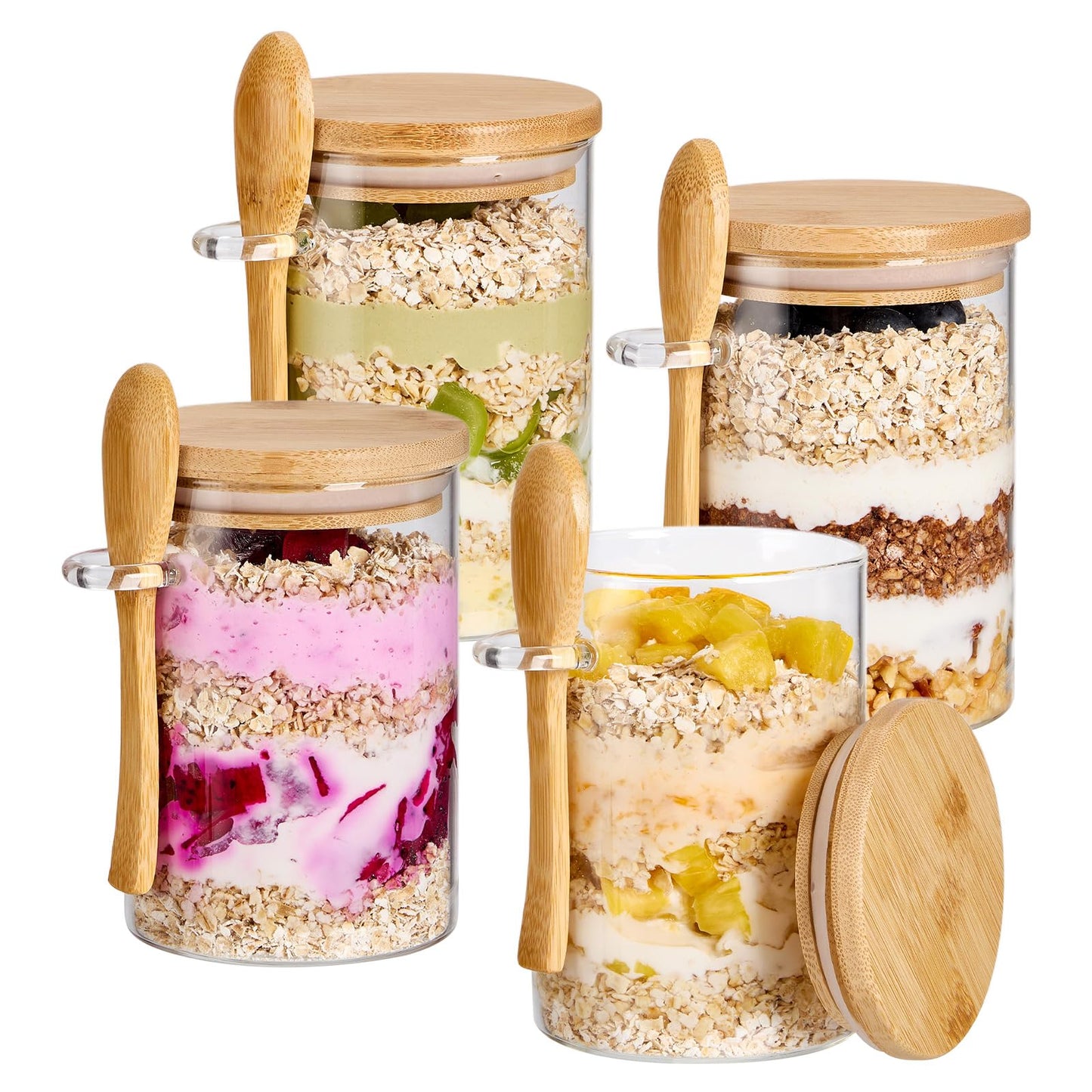 4 Pack Overnight Oats Containers with Bamboo Lids and Spoons - 22 oz Airtight Glass Jars with Lid, Meal Prep Jars for Chia Pudding, Yogurt, Salad, Cereal, Coffee, Flour | Food Storage Canister