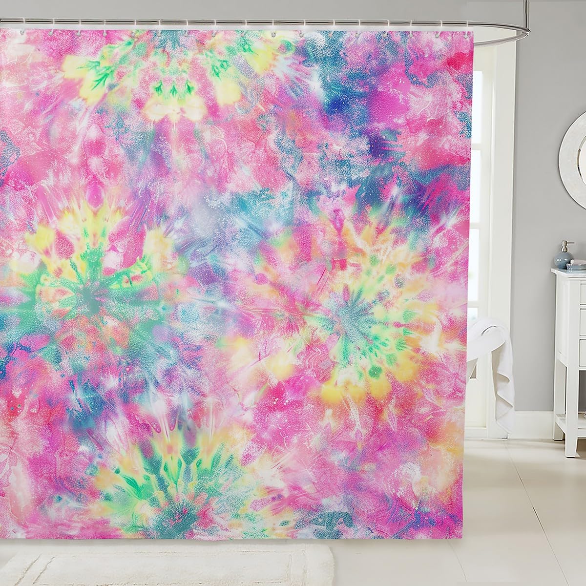 Erosebridal Kids Tie Dye Shower Curtain, Girls Bohemian Hippie Bath Curtain, Watercolor Psychedelic Bathroom Accessories, Waterproof Polyester Fabric Curtains Set for Teens Women, 72" W X 72" L