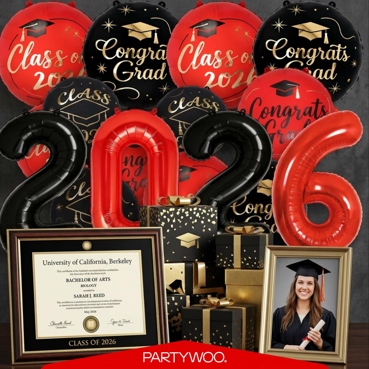 PartyWoo Graduation Balloons Class of 2026 Black Red Gold 12pcs Balloons 40 Inch 2026 Foil Number Balloons 18 Inch Congrats Grad Mylar Balloons for Black Red Graduation Decorations Party Supplies