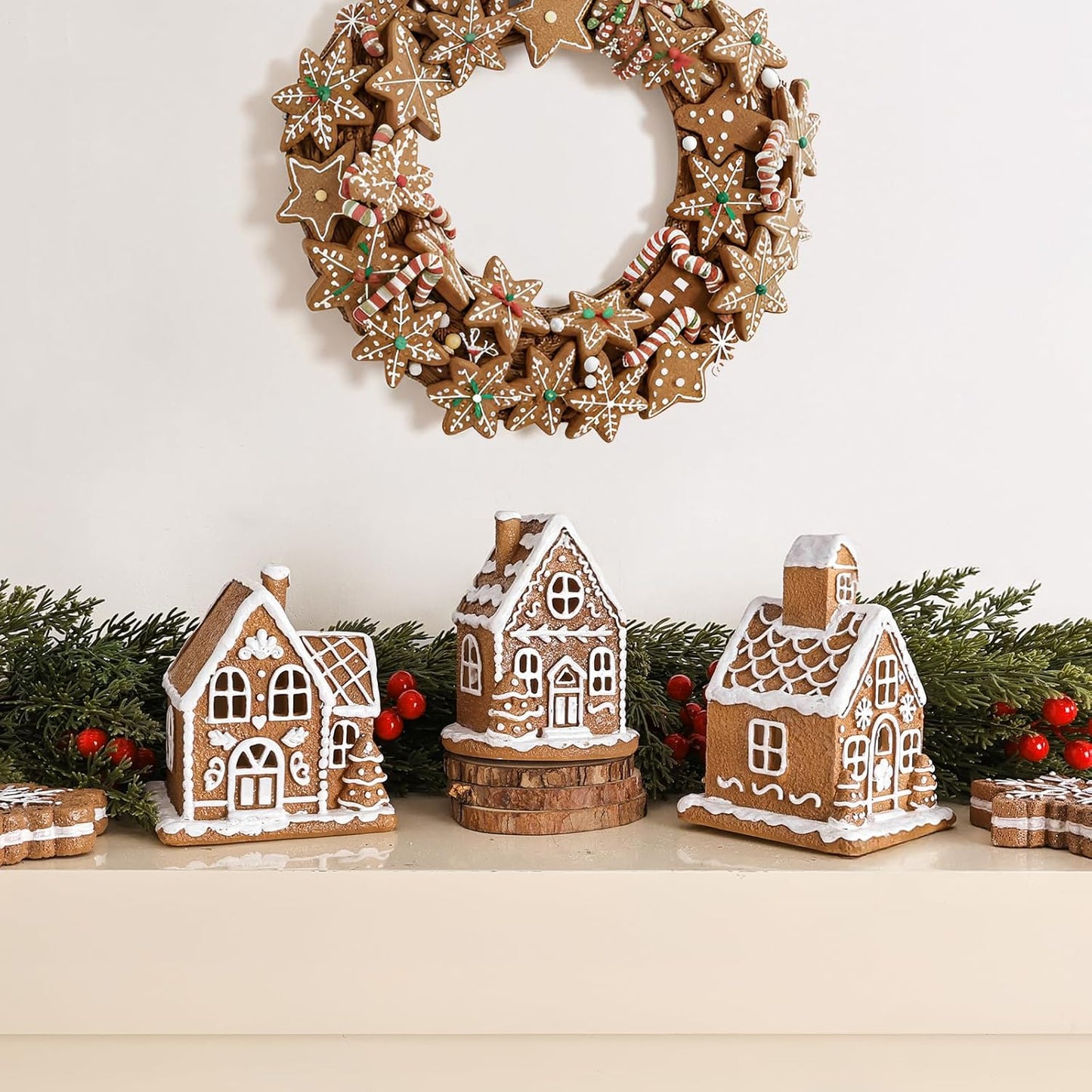 Skiennix Light-Up Gingerbread House Christmas Decorations | 3-Piece Collectible Figurines with LED Lights