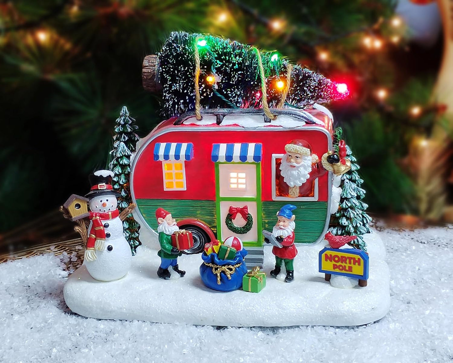 Moments In Time Lighted Santa Trailer Christmas Village Camper Scene - 7.3” Hand-Painted with LED Lights & Music