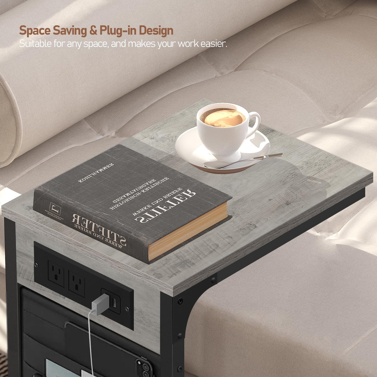 TUTOTAK C Shaped End Table with Charging Station, Side Table for Sofa, Couch Table with Storage Bag, TV Tray Table with 2 USB Ports and Outlets for Living Room, Bedroom TB01BG024