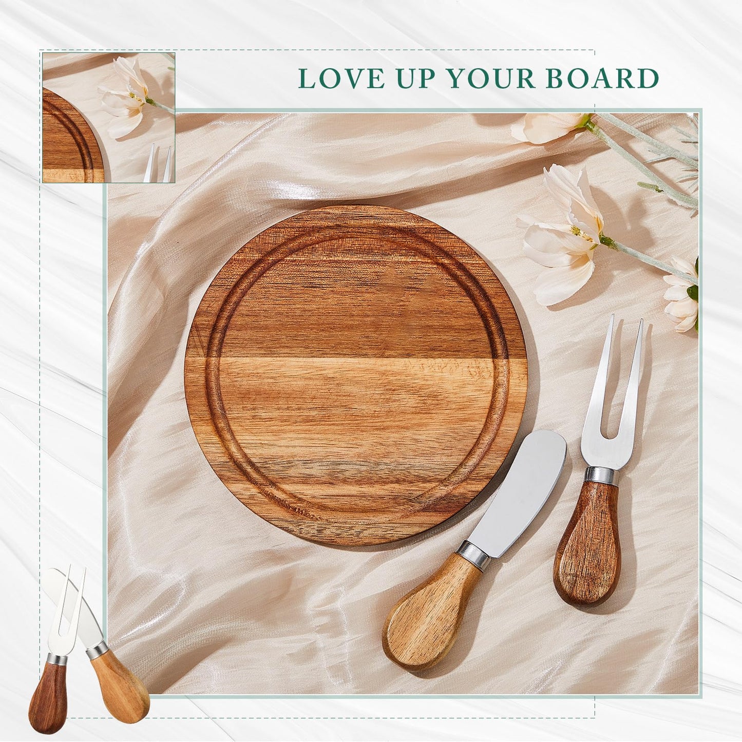 Maxcheck 1 Set Baby Shower Bridal Game Prizes for Winners Round Cheese Board Set Wood Mini Charcuterie Board with Knives and Forks Thank You Card with Gift Box for Guests Wedding (Acacia)