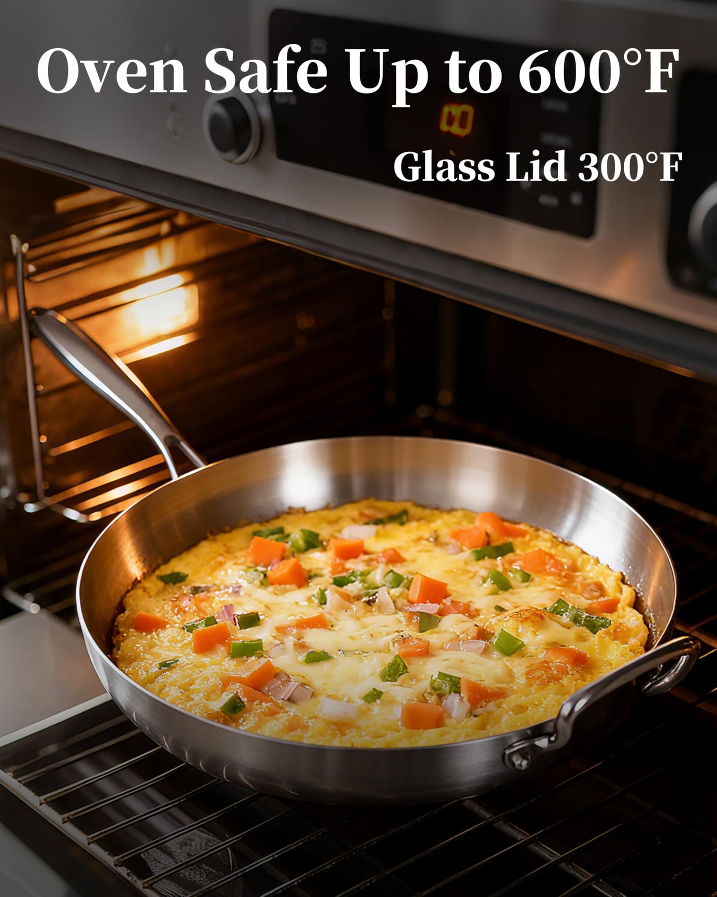 Bzayeat 14-Inch Tri-Ply Stainless Steel Frying Pan with Lid & Detachable Handle - Induction Compatible Skillet, Oven & Dishwasher Safe, Ideal for Frying, Sautéing & Simmering