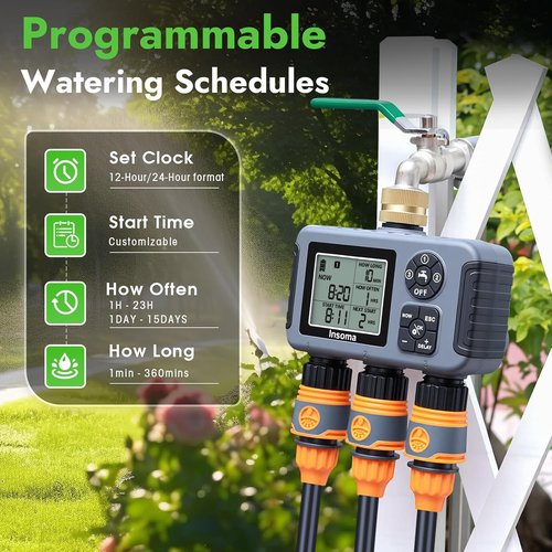 Insoma Water Timer - 3-Zone Outdoor Hose Timer with Brass Inlet & IPX5 Waterproof | Garden Irrigation Controller