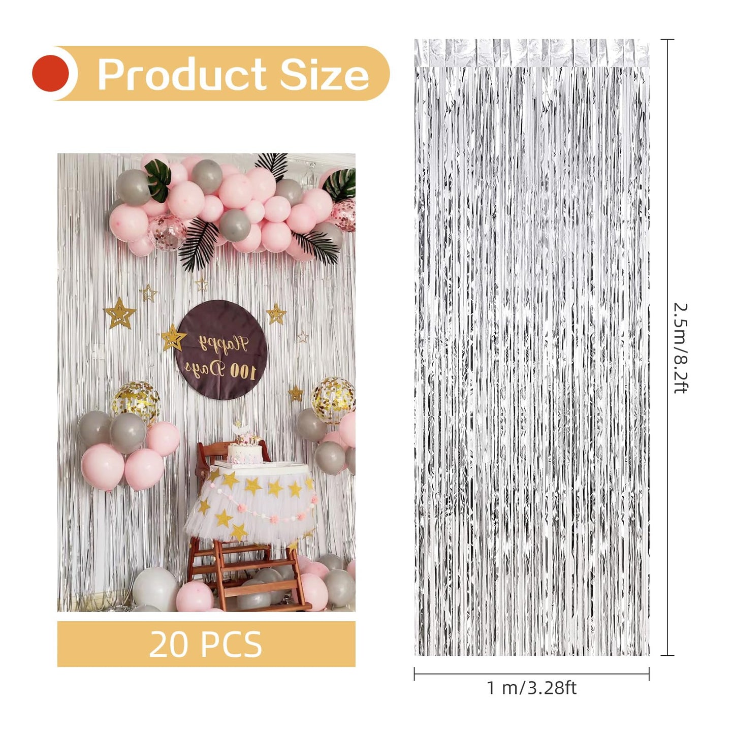 20 Pack Silver Foil Curtain Backdrop 3.2ft x 8.2ft Foil Fringe Backdrop Curtain Metallic Tinsel Foil Fringe Curtains Streamer Backdrop Curtains for Birthday Party Decorations Photo Booth (Silver)