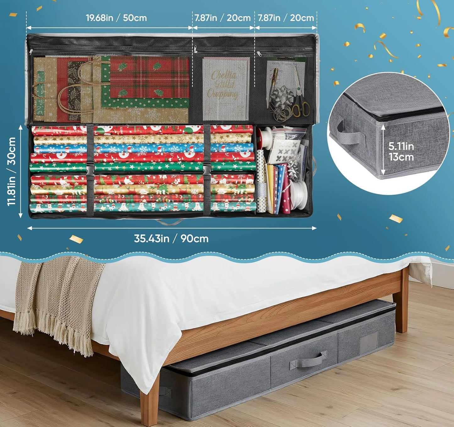 Skiennix Christmas Wrapping Paper Storage - 30 Roll Organizer | Waterproof & Stain-Resistant, Gray
