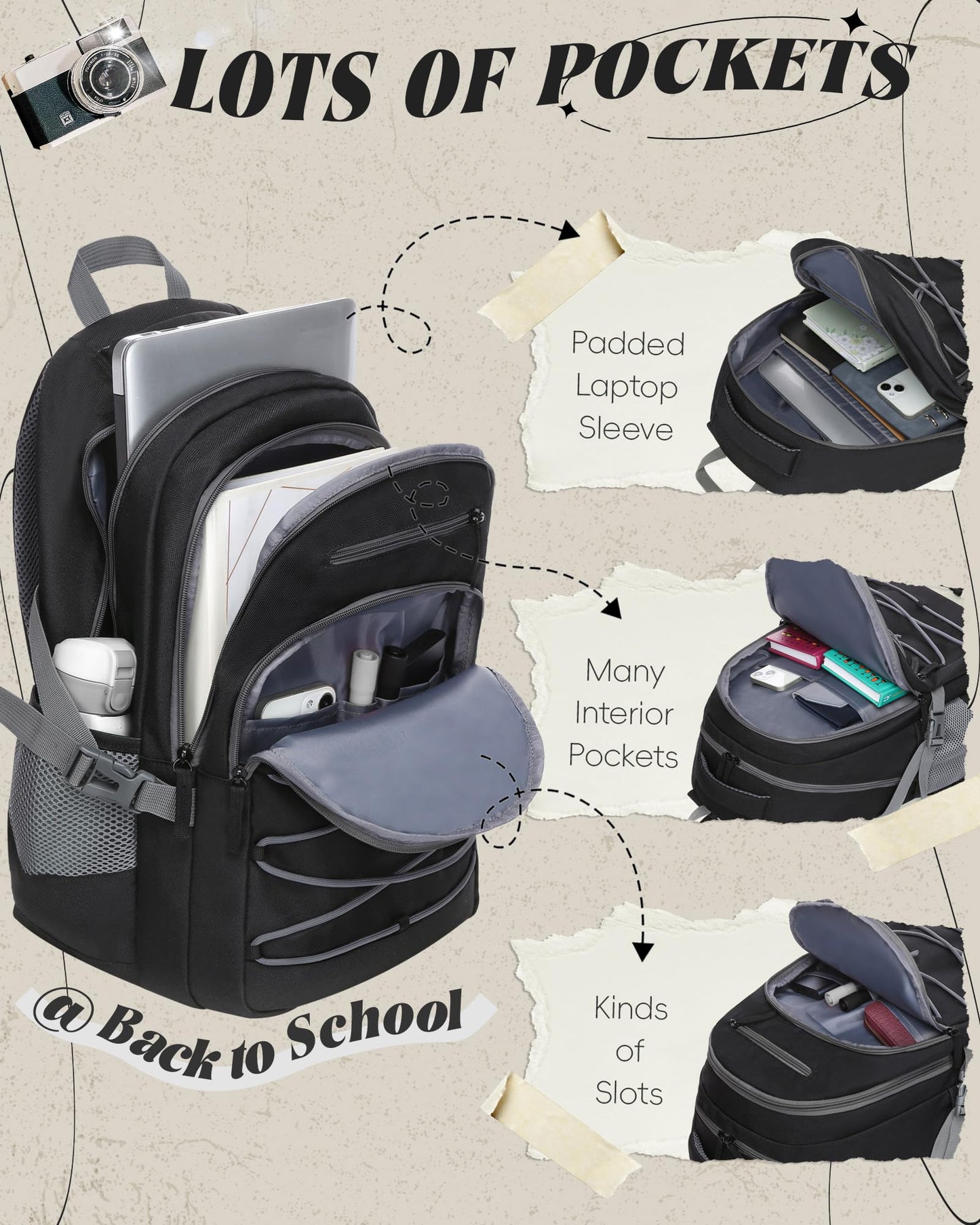 FOKDUVB Middle High School Backpacks for Boys Girls Large Bookbags with Laptop Compartment for Teens Teenagers Back to School Book Bags Mochilas Escolares para Adolescentes (Black/Gray, Solid)