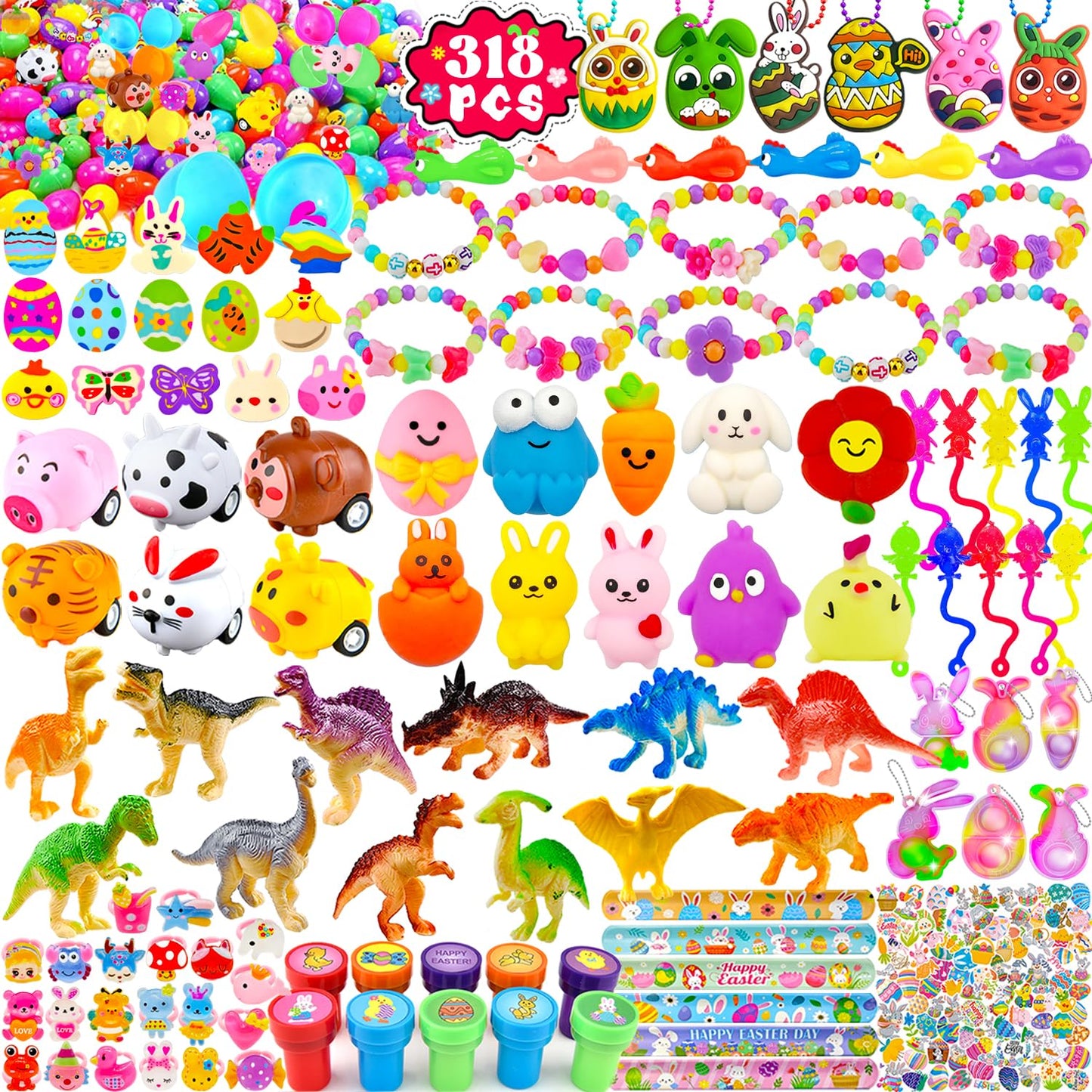 Phaorui 318 Pcs bulk Easter Egg with toys filled inside for kids, 100 sets plastic Easter egg stuffed with toys self pre filled Easter egg fillers for Kids Boys Girls stuffed Easters eggs filled