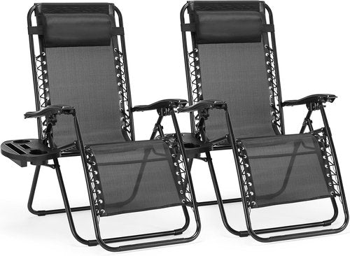 GlasFlength Zero Gravity Lounge Chair Set of 2 - Adjustable Folding Mesh Outdoor Recliners with Pillow & Cup Holders | Black