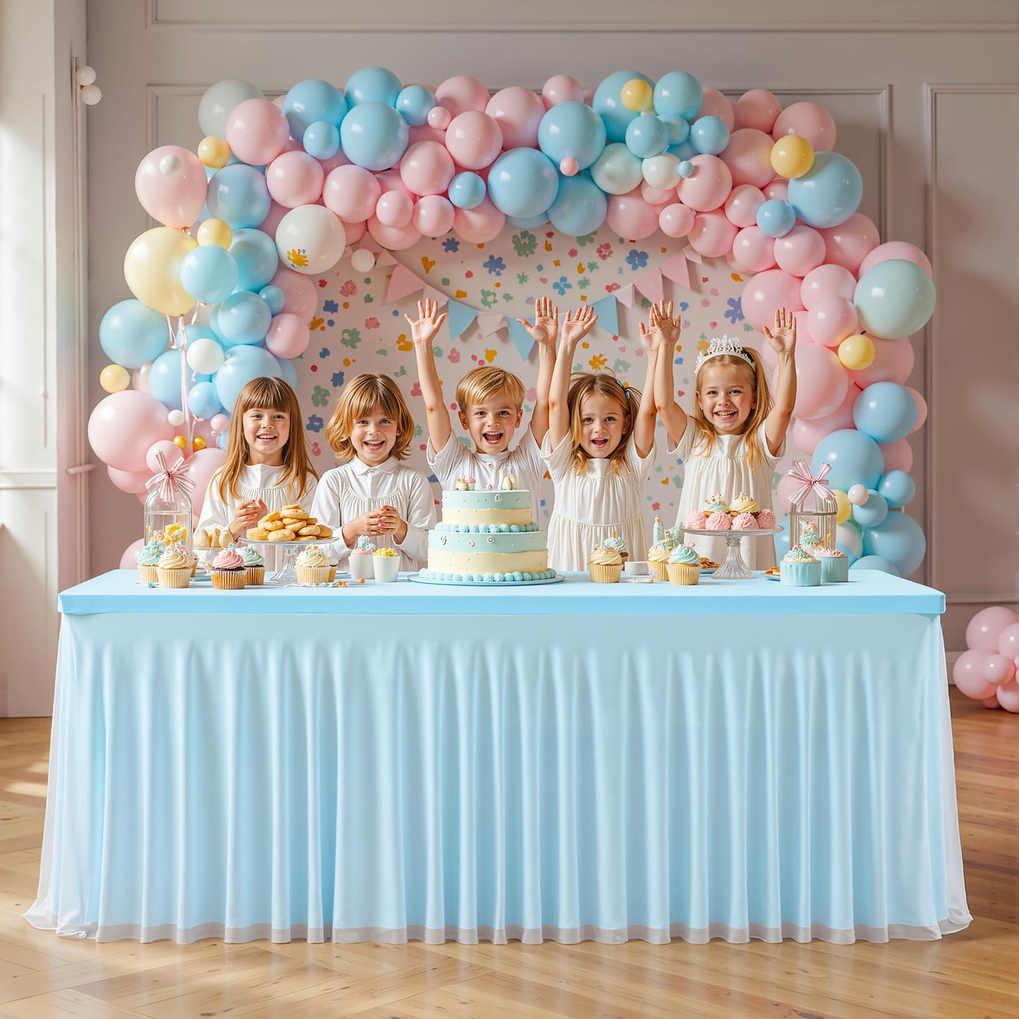 PARTISKY Blue Tablecloths 4 Foot Rectangle Tables, Spandex Fitted Tablecloth Stretch Table Cover with Tulle Skirt for Baby Shower Birthday Party Wedding Banquet Dessert Table Decorations