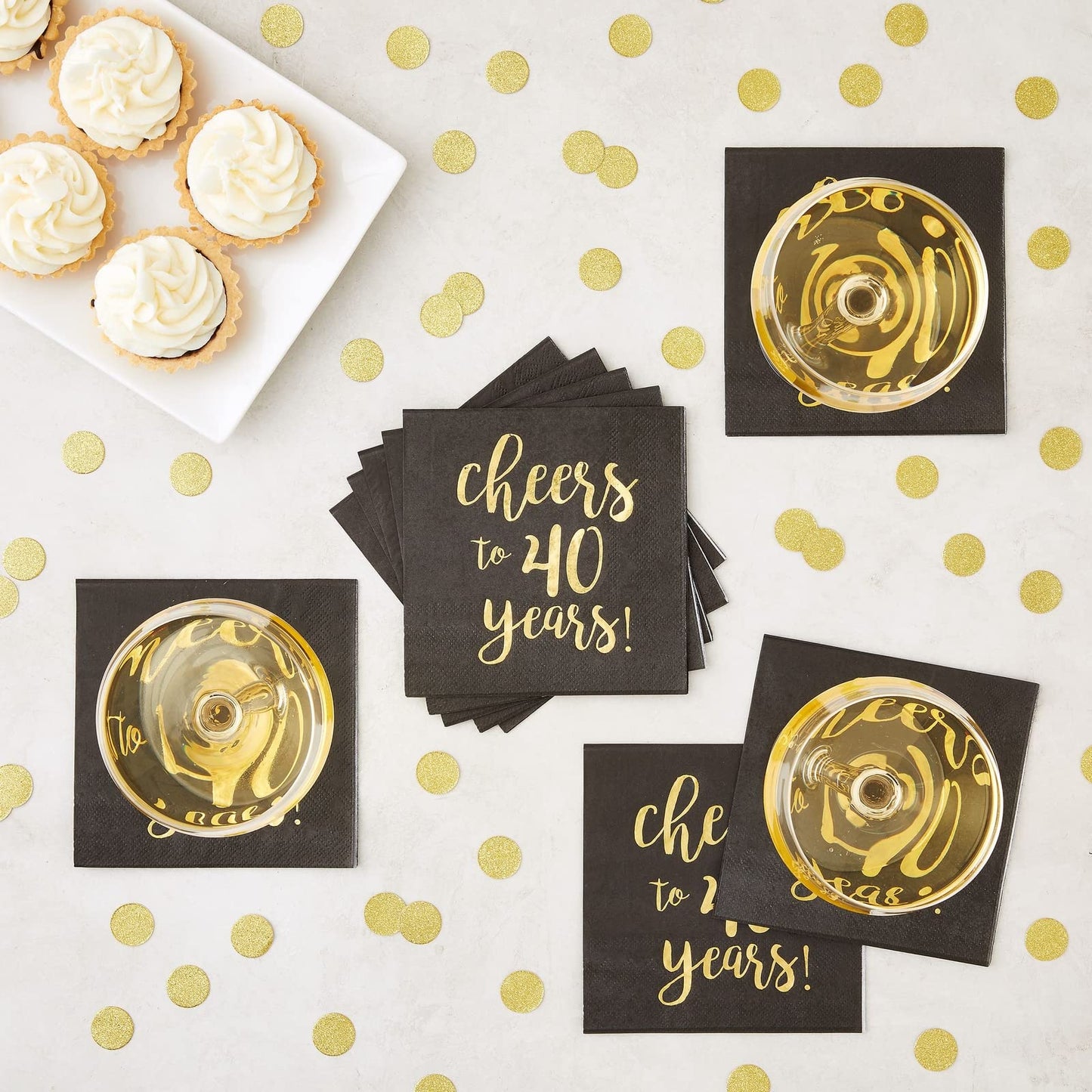 BLUE PANDA 40th Birthday Napkins - 5 x 5 In, 50-Pack, 3-Ply, Black & Gold Foil - Cheers to 40 Years & Cocktail Napkins for Birthday Party Decor