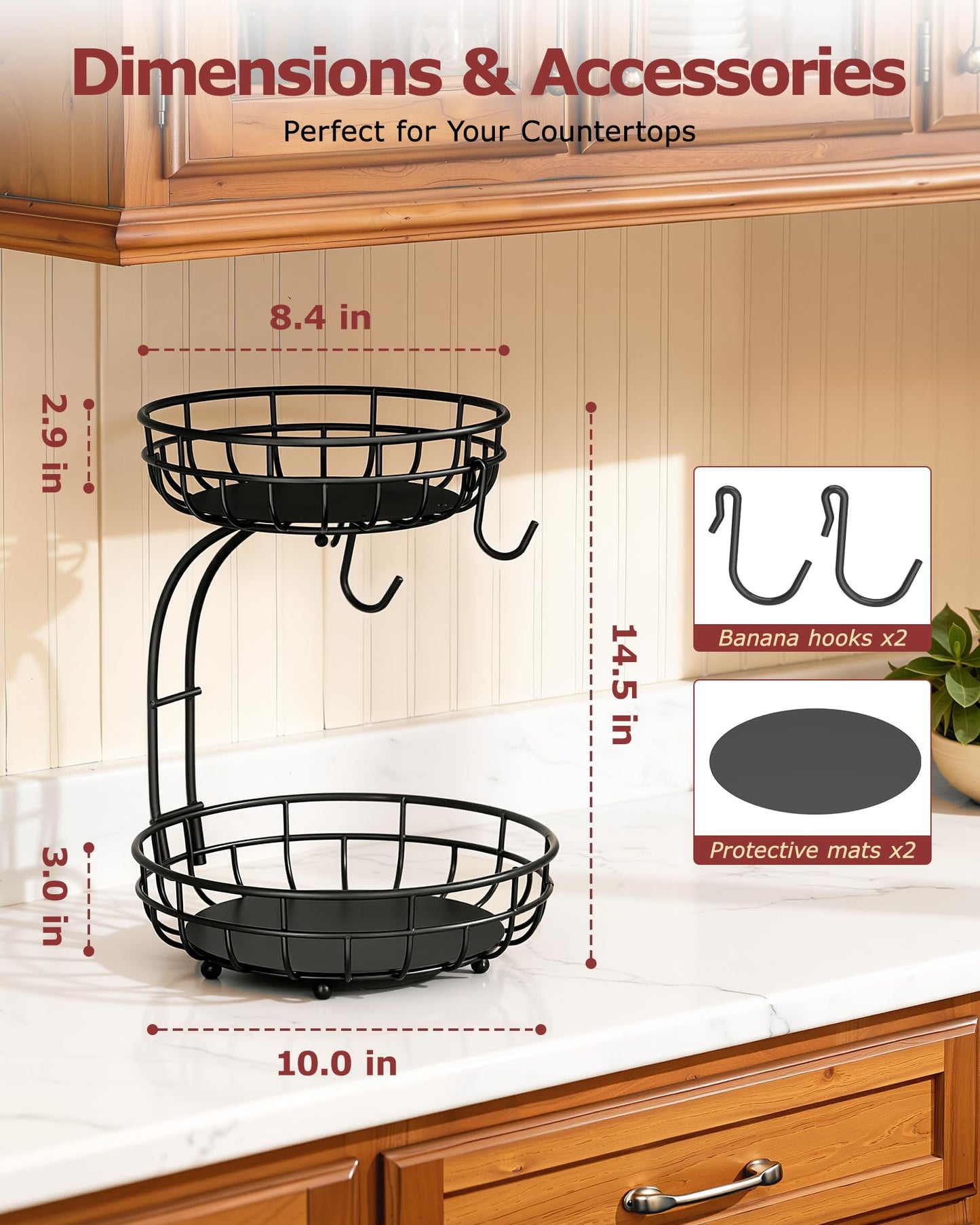 Sevenblue 2 Tier Large Fruit Basket for Kitchen Counter with Removable Banana Hanger - Sturdy Iron Fruit Bowl for Kitchen Counter and Vegetable Holder, Fruit Holder for Kitchen Countertop, Black