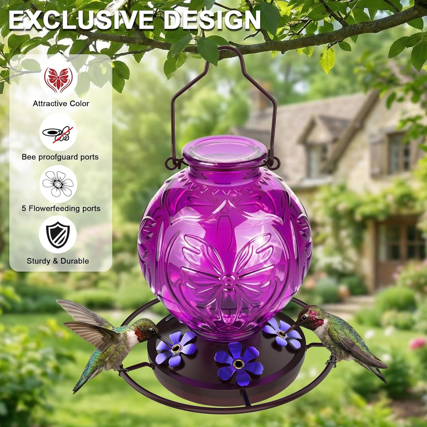 Skiennix Glass Hummingbird Feeder - 25oz Leak-Proof Outdoor Nectar Feeder with 5 Flower Ports | Purple Garden Decor