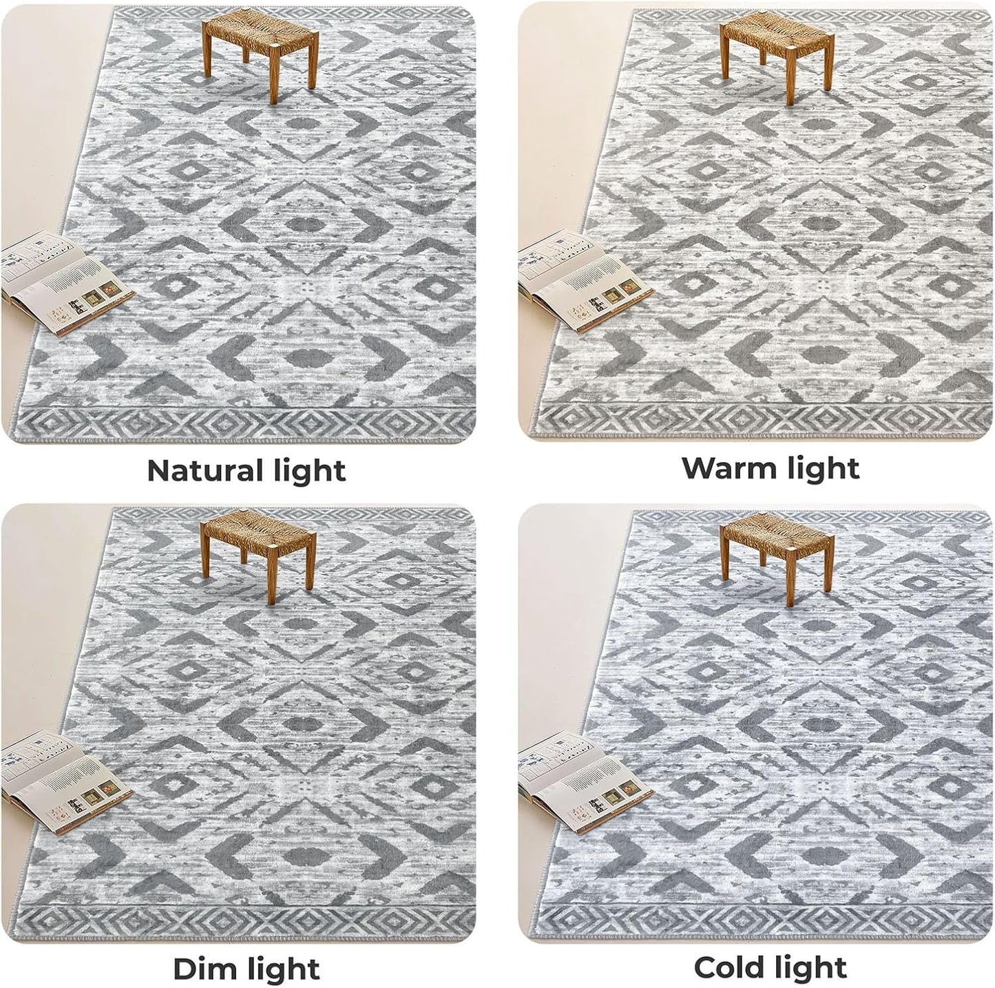 KILOCOCO Round Area Rug 5ft Rug for Living Room Bedroom Machine Washable Non Slip Printed Boho Rugs Low-Pile Soft Circle Rugs for Kitchen Dining Geometric Moroccan Carpet, Grey White