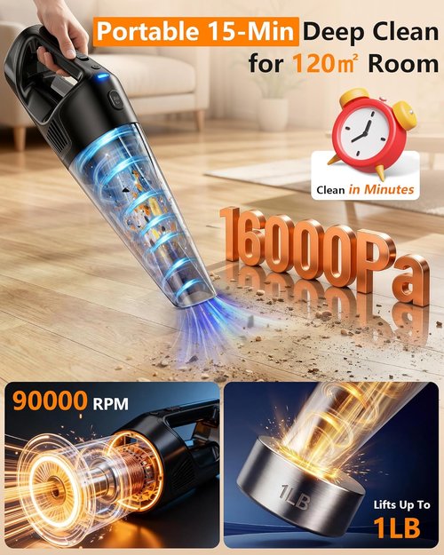 Handheld Vacuum by 15-Min - Cordless 26000Pa Strong Suction | 1000mL Dust Cup, 18-36 Min Runtime