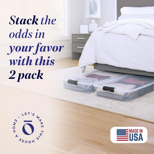 HOMZ Under Bed Storage Bins - 2-Pack Clear Plastic Containers with Lids, 60 Quart, Gray Latch | Stackable Organizer for Shoes, Bags, Clothes, Towels