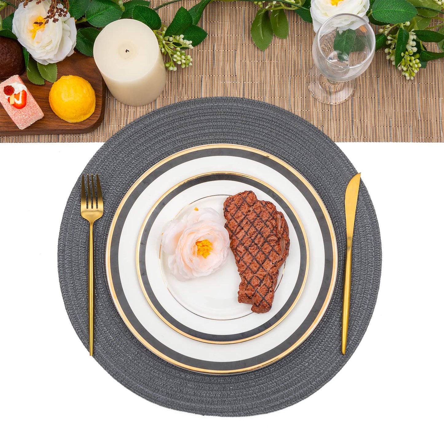 SHACOS Round Placemats Set of 6 Washable 15 inch Round Table Mats Cotton Polyester Woven Braided Place Mats for Dining Table (Charcoal Gray, 6)