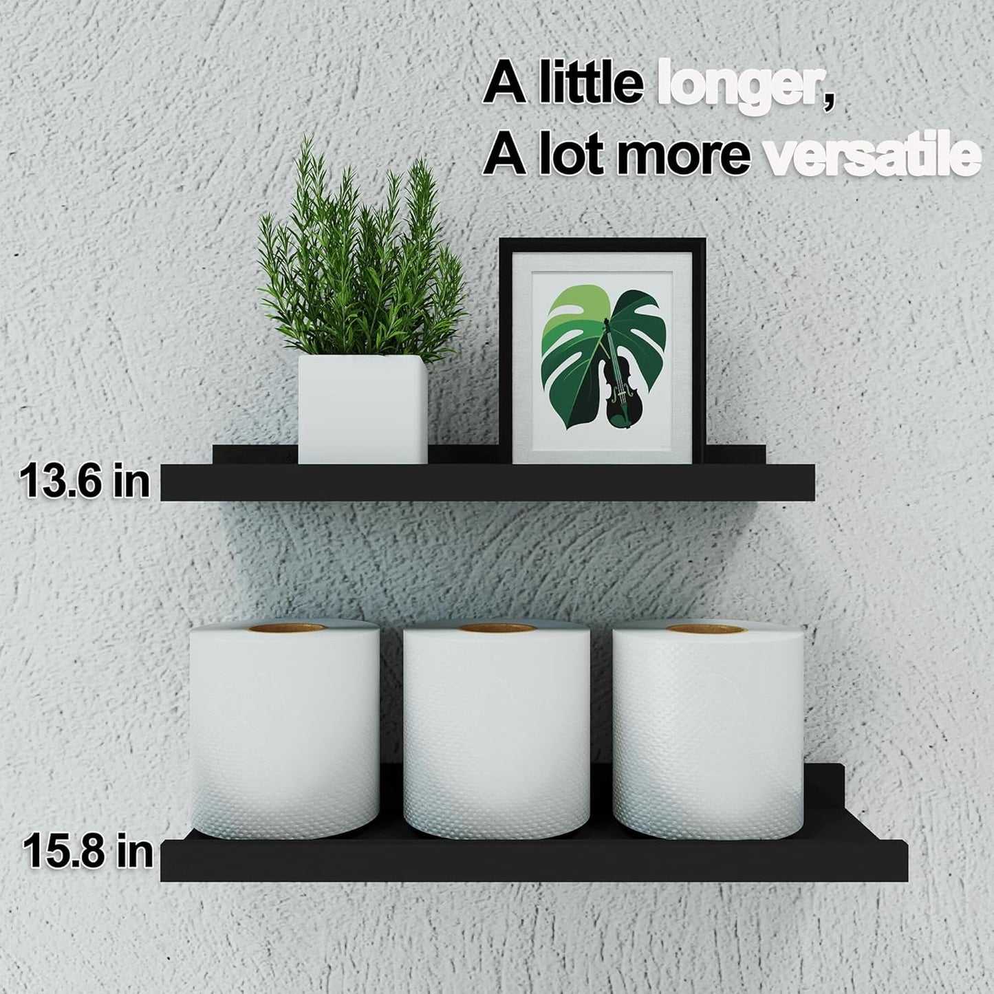 Skiennix Black Floating Shelves | Wall-Mounted Wood Storage for Bedroom, Living Room & More - Set of 2, 14 Inches