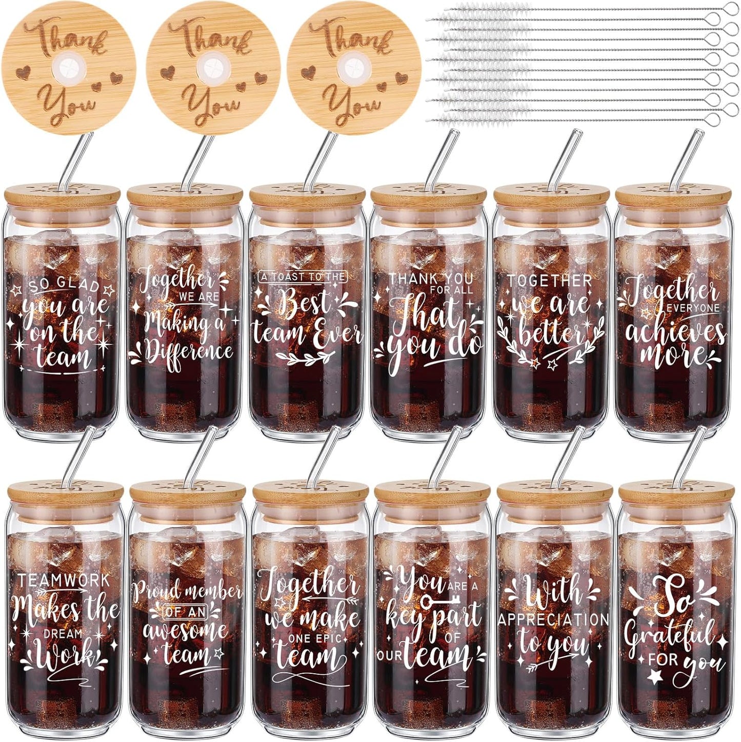 Tioncy 12 Pcs Positive Thank You Gifts for Women Appreciation Teacher Nurse Christian Religous Gifts 16oz Glass Cup with Bamboo Lids Straws Coffee Drinking Jars for Coworker