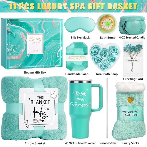 Birthday Gifts for Women, Mothers Day Spa Gifts for Mom from Daughter, Self Care Get Well Soon Gift Baskets for Her Sister Wife Girlfriend Ocean Relaxing Spa Care Package w/Blanket 40 OZ Tumbler