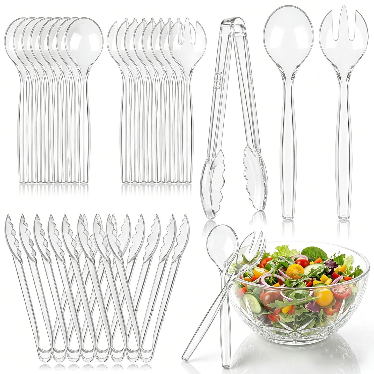 Dualshine 24 Pcs Disposable Clear Plastic Serving Utensils, 8 Set Including Plastic Serving Spoons, Tongs, and Forks for Dinner Parties, Buffets, Banquets, Events, Weddings, and Daily Use