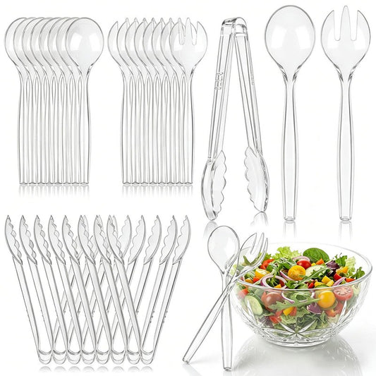 Dualshine 24 Pcs Disposable Clear Plastic Serving Utensils, 8 Set Including Plastic Serving Spoons, Tongs, and Forks for Dinner Parties, Buffets, Banquets, Events, Weddings, and Daily Use
