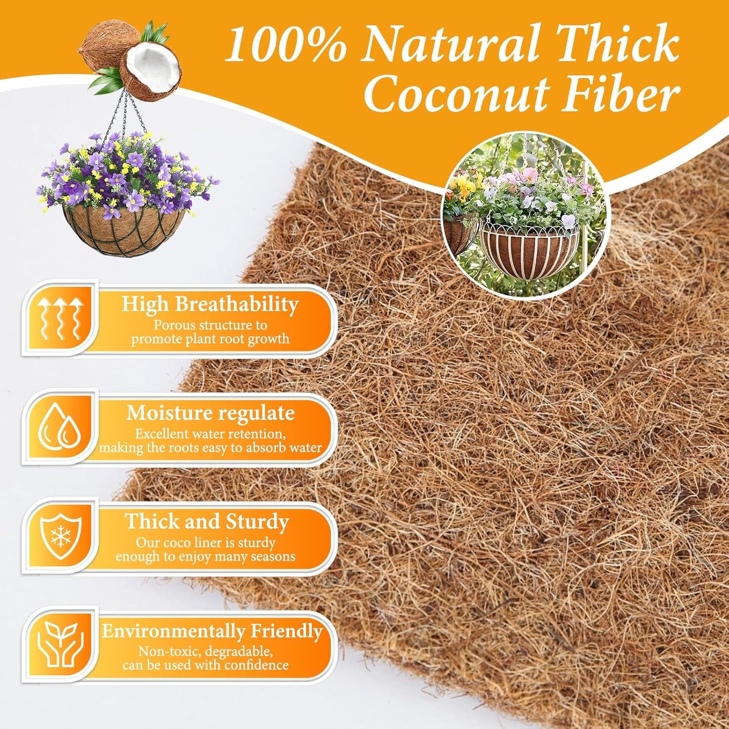 Legigo 8-Inch Coco Fiber Hanging Basket Liners - 4 Pack of 100% Natural Round Planter Inserts