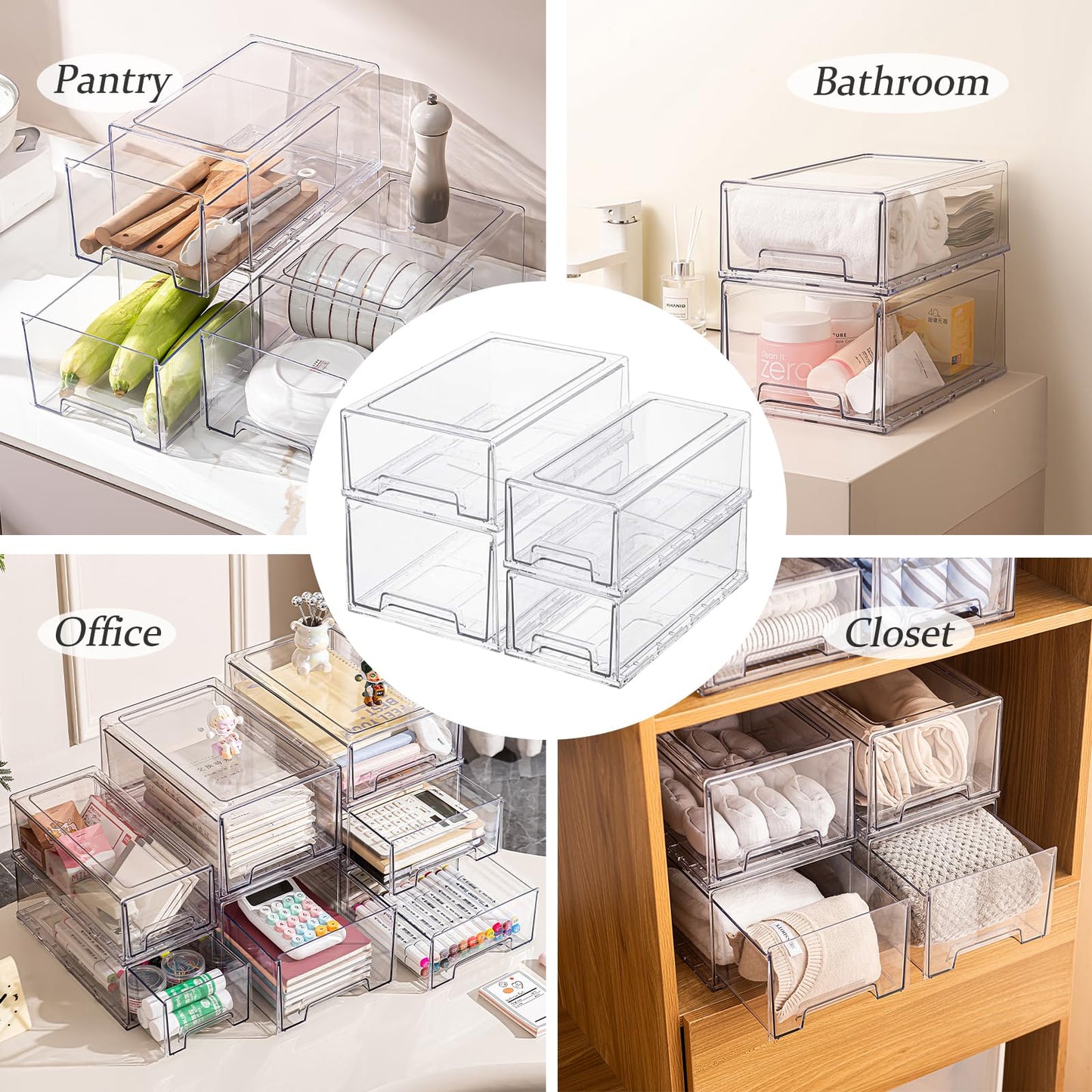 PiJeyiee Clear Stackable Refrigerator Organizers and Storage Drawers - Pull-Out Fridge Bins with handles for Kitchen，Pantry，Cabinet，Bathroom, Undersink，Closet (2 Pack)