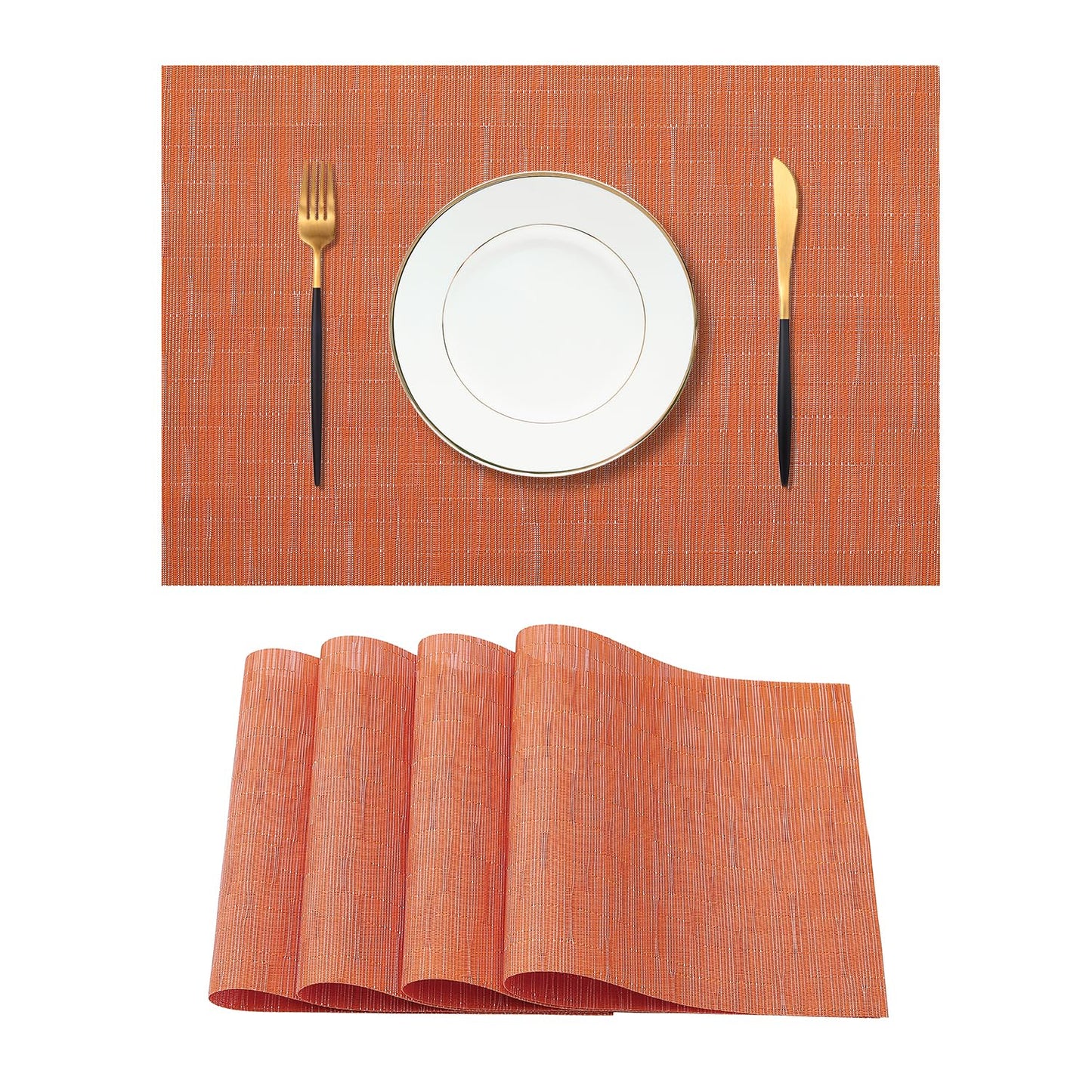 Leetaltree Orange Placemats Set of 4 - Heat Resistant Non-Slip Place mats for Dining Table, Washable Durable PVC Vinyl Woven Table Mats（Orange, 4）