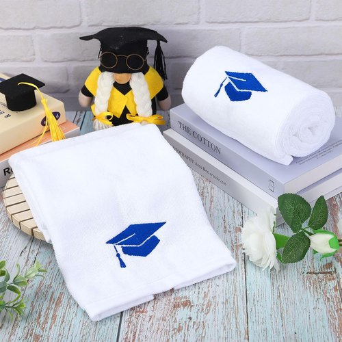 FYSUIMU Graduation Hand Towels - Embroidered Cotton Blue Diploma Cap | Absorbent 29.5 x 13.7 Inch