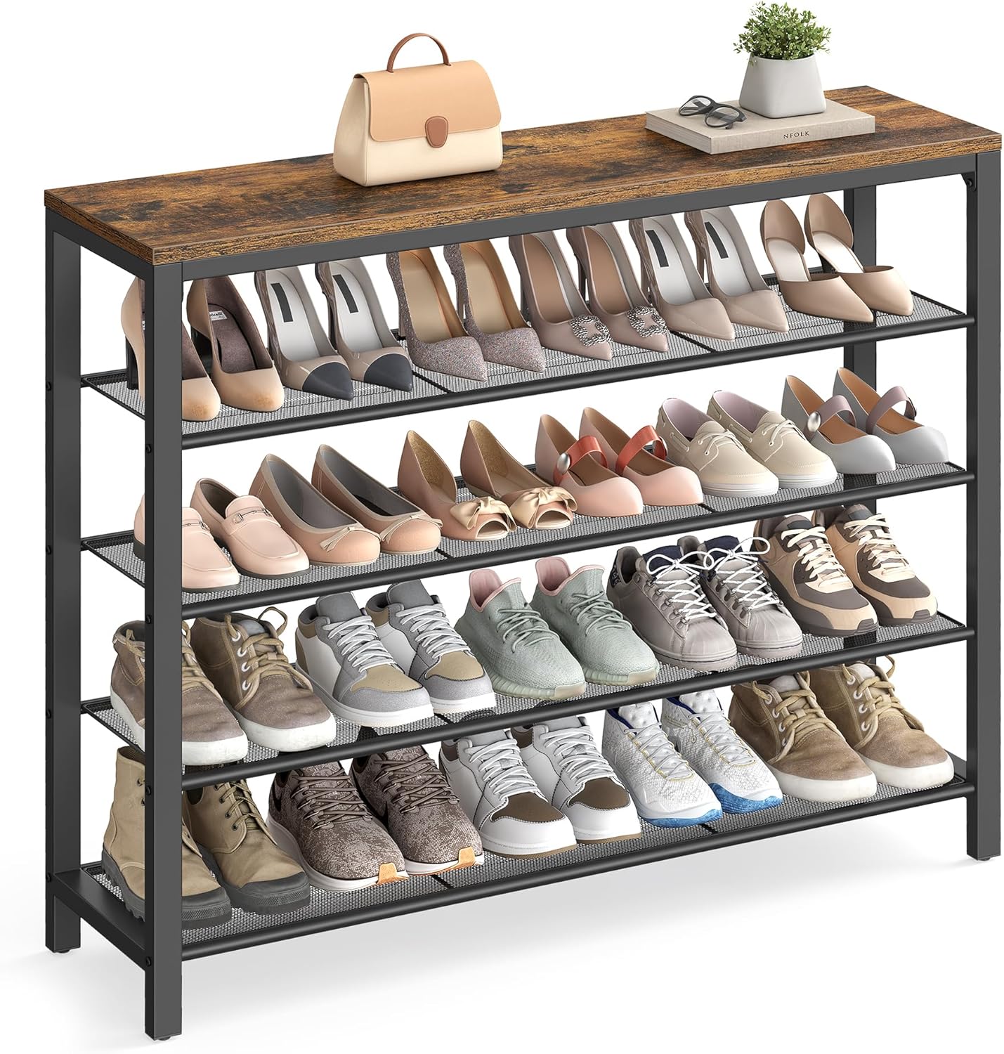 VASAGLE Shoe Rack - 5-Tier Shoe Storage Organizer with Metal Mesh Shelves for 16-20 Pairs - Rustic Brown and Black