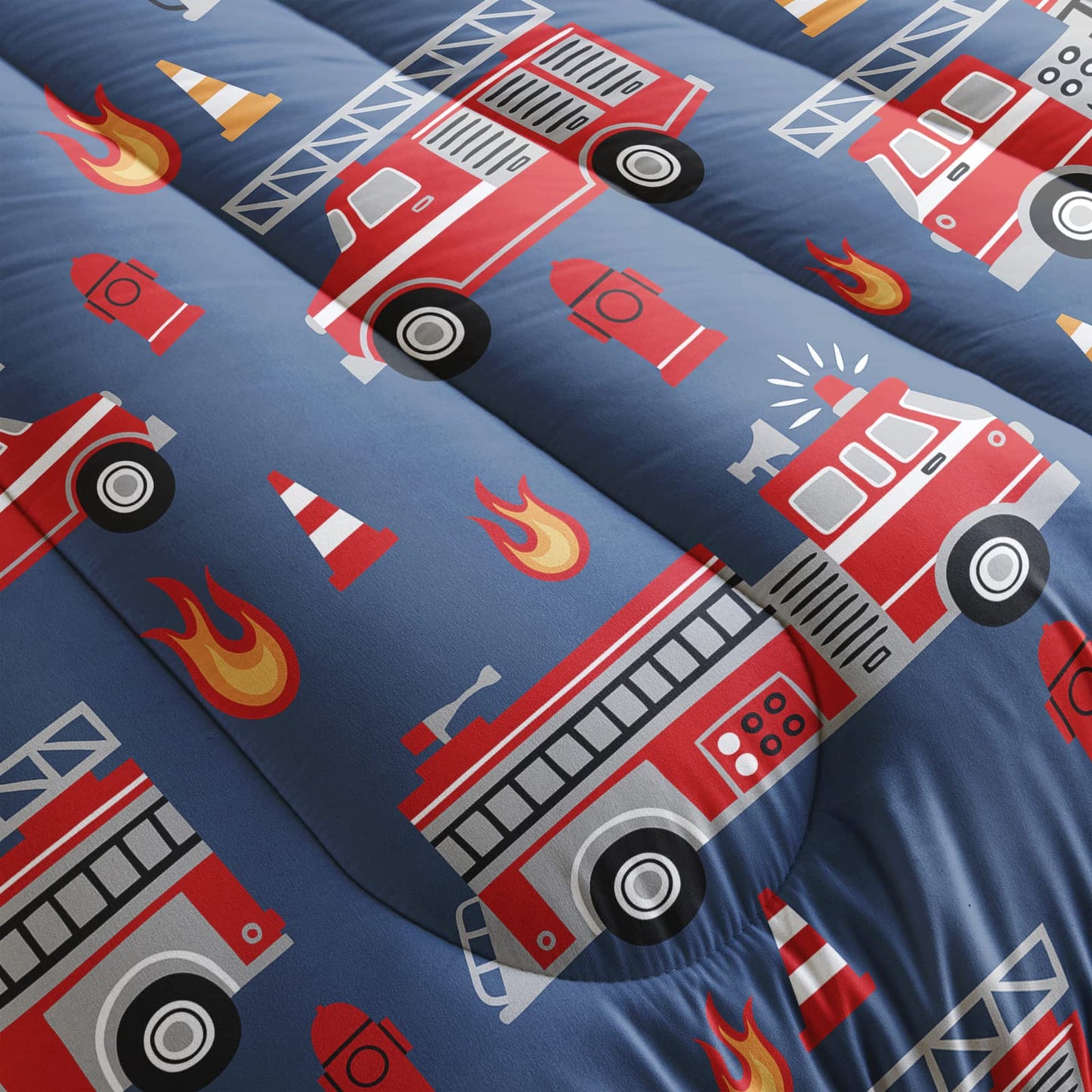 QOOMO Fire Truck Kids Comforter Set, 3Pcs Bedding Set, Full Size, Printed Comforter with 2 Pillowcases, Down Alternative, Soft and Lightweight, for All Seasons