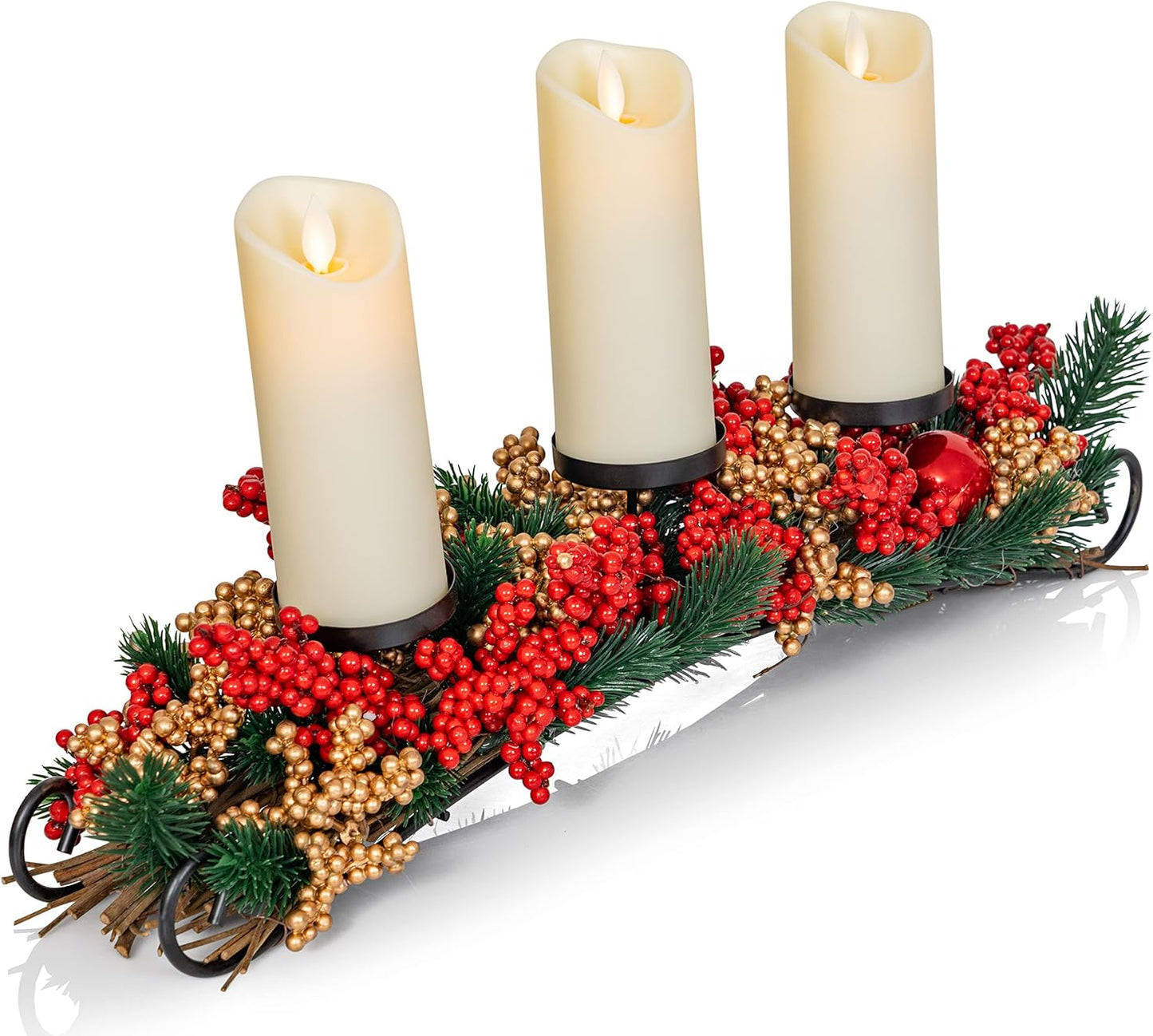 Ornativity Christmas Décor Candle Holder - Festive Table Centerpiece with Red & Gold Berries, Twigs, Evergreens