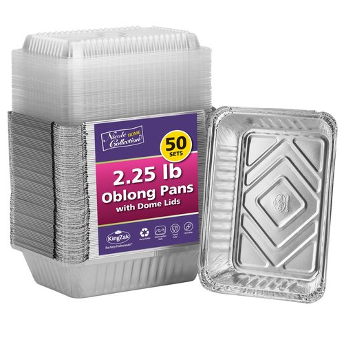 Aluminum Pans With Plastic Dome Lids - 50 Count - 2.25LB (8.5"x6") Oblong Pans - To Go Containers With Lids - Disposable Tin Foil Pans - Perfect For Catering, Meal Prep, Baking, Freezer Safe