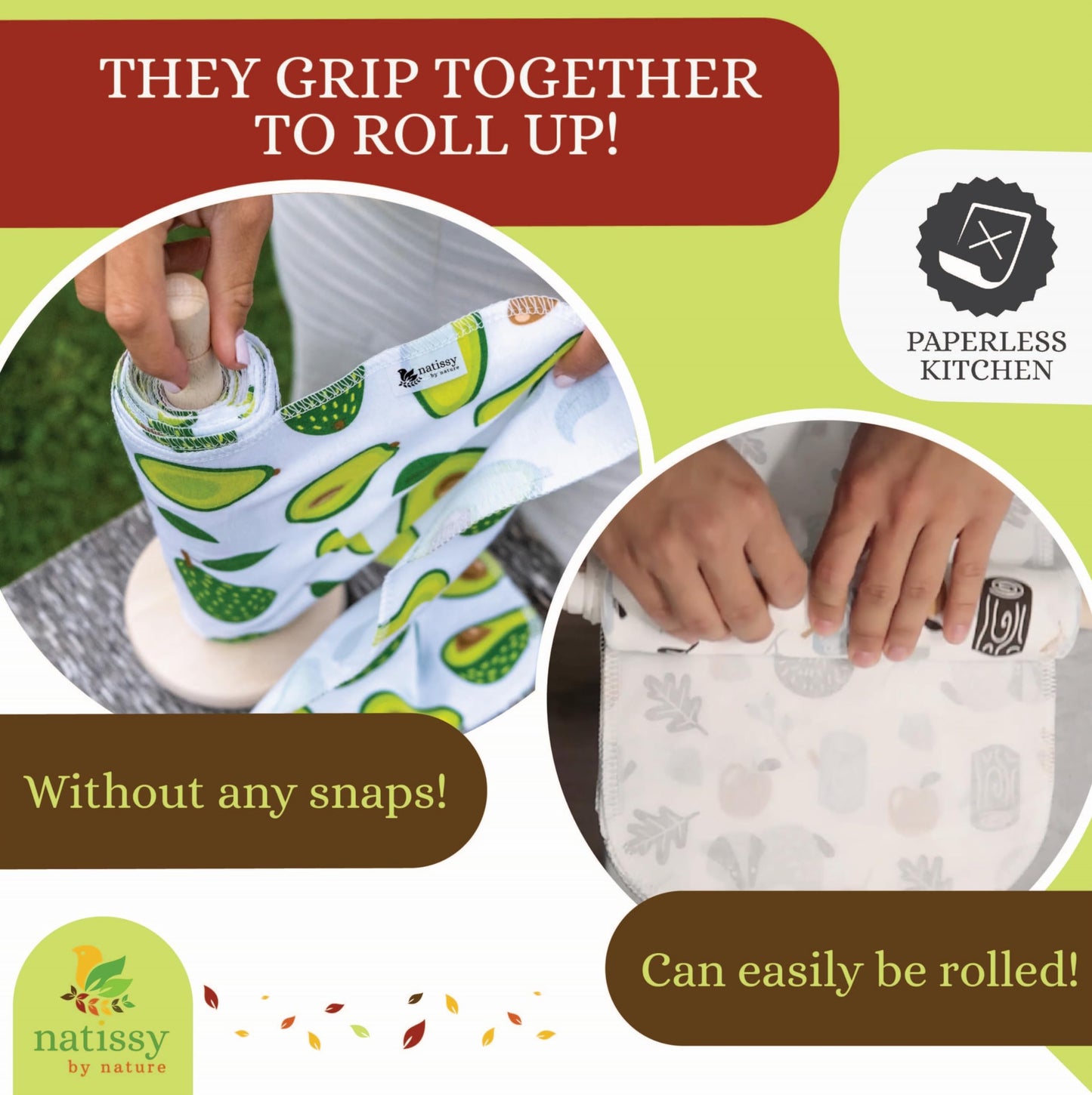 Natissy 10-Pack Organic Cotton Reusable Paper Towels, Washable Roll, Washable Cloth Paper Towels, Fabric Paperless Towels for Kitchen, Reusable Paper Towel Replacement Cloth Alternative
