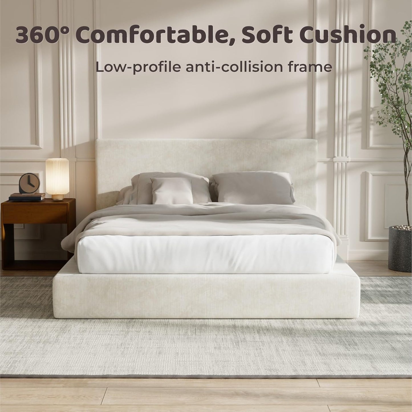 RECCI AirFrame Queen Bed Frame - Cloud Upholstered Platform with Headboard, 5-Inch Foam Cushioned, Easy Assembly | Beige Chenille
