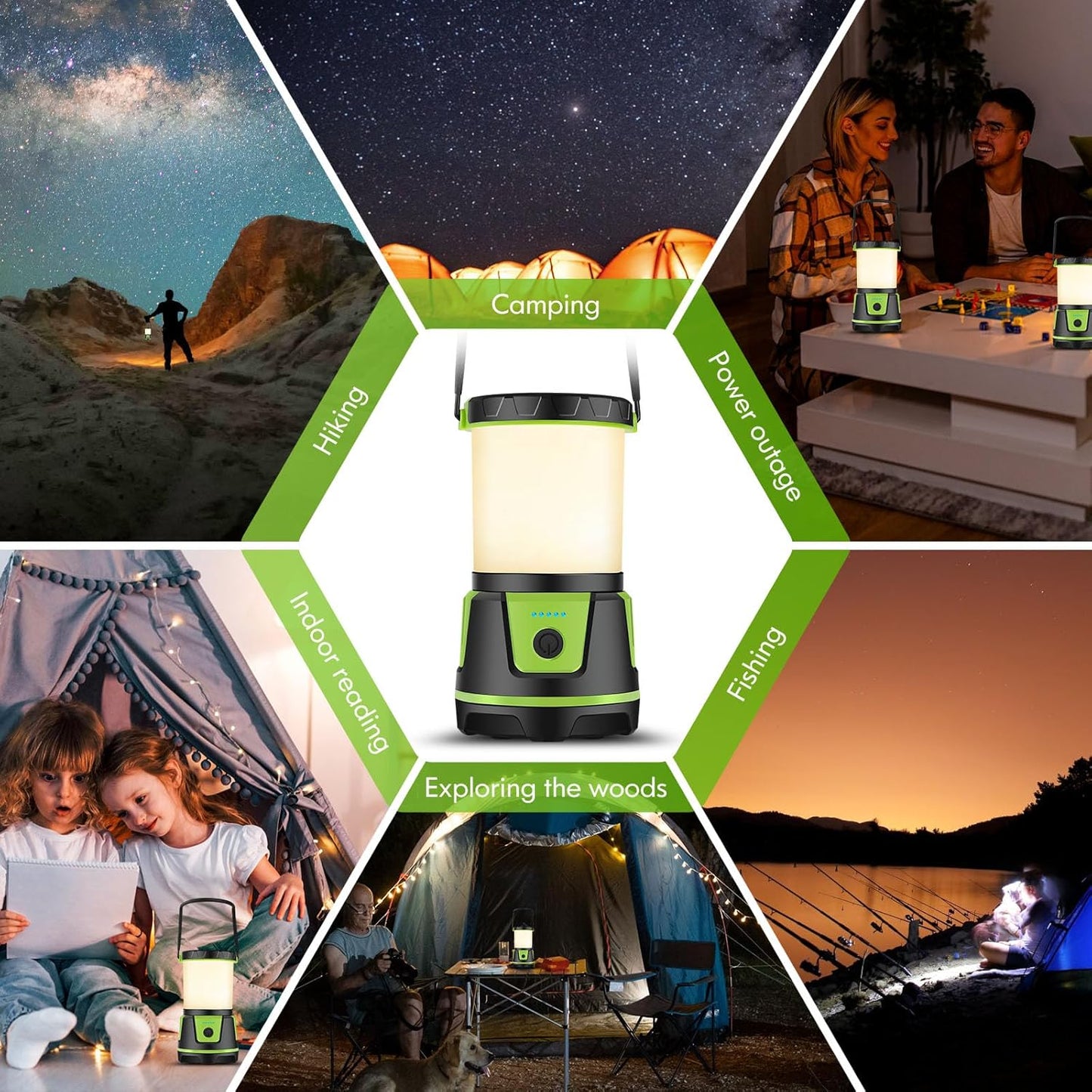 Rechargeable LED Lantern - 3000 Lumens, 5 Light Modes, IP54 Waterproof | Portable 7500mAh Flashlight for Camping & Emergencies (Green)