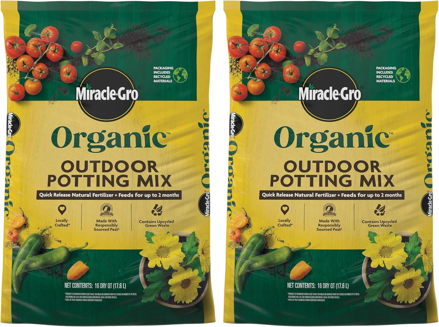 Miracle-Gro Organic Outdoor Potting Mix - Quick-Release Fertilizer for Container Plants | 16 qt. (2-Pack)