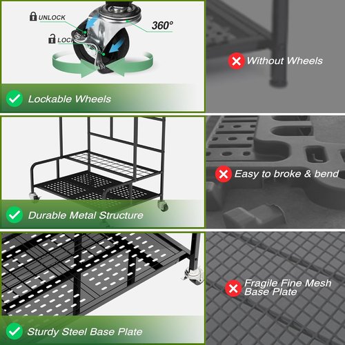 Garden Tool Organizer Rack - Heavy-Duty Steel Storage for Up to 39 Tools | Includes 12 Hooks & Wheels, Black