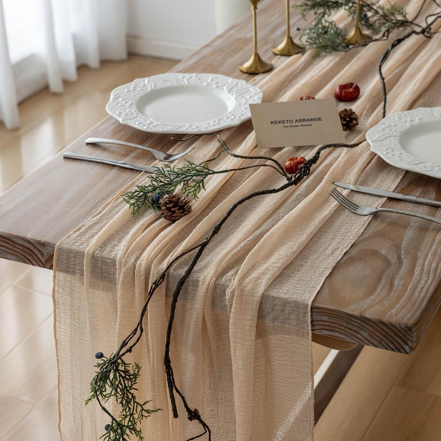 Keketoarrange 10pcs Deep Beige Cheesecloth Table Runner Rustic Boho Butter Gauze 120 Inch 10 FT Cheese Cloth for Wedding Baby Bridal Shower Birthday Engagement Party Long Sheer Spring Home Decorations